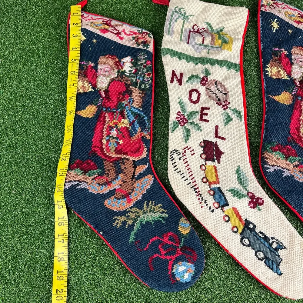 Vintage Handcrafted Needlepoint Christmas Stockings Set of 3 Holiday Decor